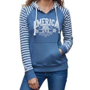 COCONUT CREEK Graphic Hoodie America Blue Nautical‎ Stripped Women Small Coastal